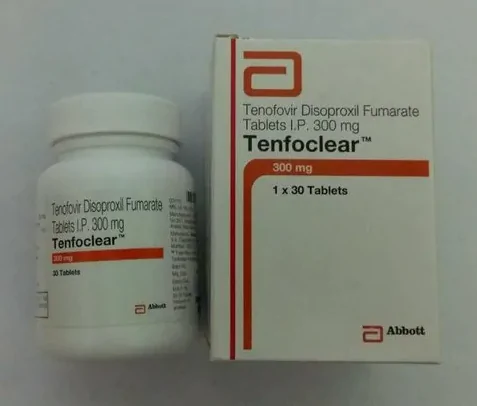Tenfoclear tenofovir disoproxil fumarate 300 mg tablets carton and bottle by Abbott