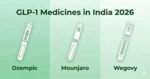 GLP-1 Medicines in India 2026" on a light green gradient background. It features line drawings of three different medical injector pens positioned diagonally. Below the first pen on the left is the text "Ozempic", below the middle pen is "Mounjaro", and below the right pen is "Wegovy", all in dark green text.