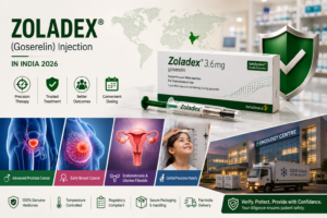 Zoladex (Goserelin) injection vial and syringe illustration representing hormone therapy dosing for prostate and breast cancer treatment in India